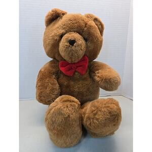 Vintage 80s Plush Teddy Bear w/ Red Bow Honey Jo Brown Dakin Stuffed Animal 20”